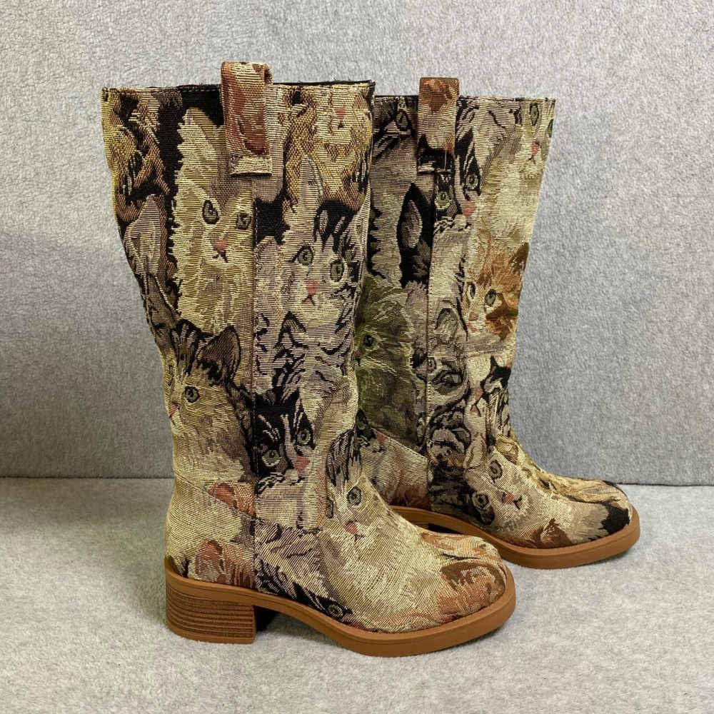 Bamboo Gary-06 Cat Tapestry Boots Women's Size 5.5 Tan Kitten Print Mid Calf EUC - Picture 2 of 13